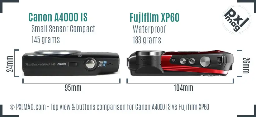 Canon A4000 IS vs Fujifilm XP60 top view buttons comparison Canon A4000 IS vs Fujifilm XP60 top view buttons comparison