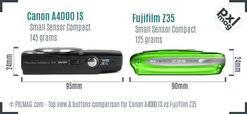 Canon A4000 IS vs Fujifilm Z35 top view buttons comparison Canon A4000 IS vs Fujifilm Z35 top view buttons comparison