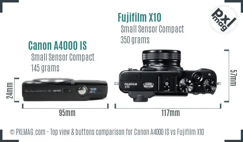 Canon A4000 IS vs Fujifilm X10 top view buttons comparison Canon A4000 IS vs Fujifilm X10 top view buttons comparison