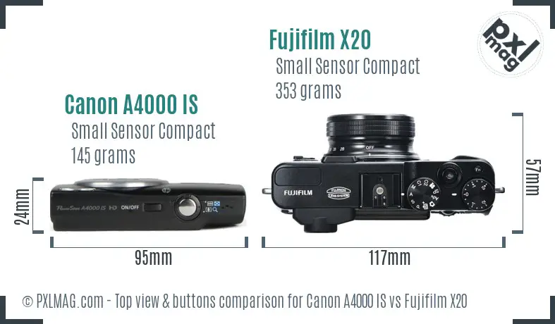Canon A4000 IS vs Fujifilm X20 top view buttons comparison