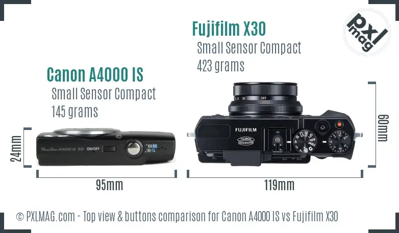 Canon A4000 IS vs Fujifilm X30 top view buttons comparison