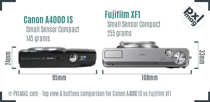 Canon A4000 IS vs Fujifilm XF1 top view buttons comparison