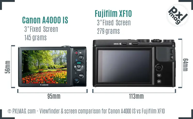 Canon A4000 IS vs Fujifilm XF10 Screen and Viewfinder comparison
