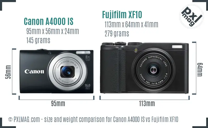 Canon A4000 IS vs Fujifilm XF10 size comparison