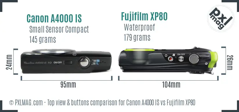 Canon A4000 IS vs Fujifilm XP80 top view buttons comparison Canon A4000 IS vs Fujifilm XP80 top view buttons comparison
