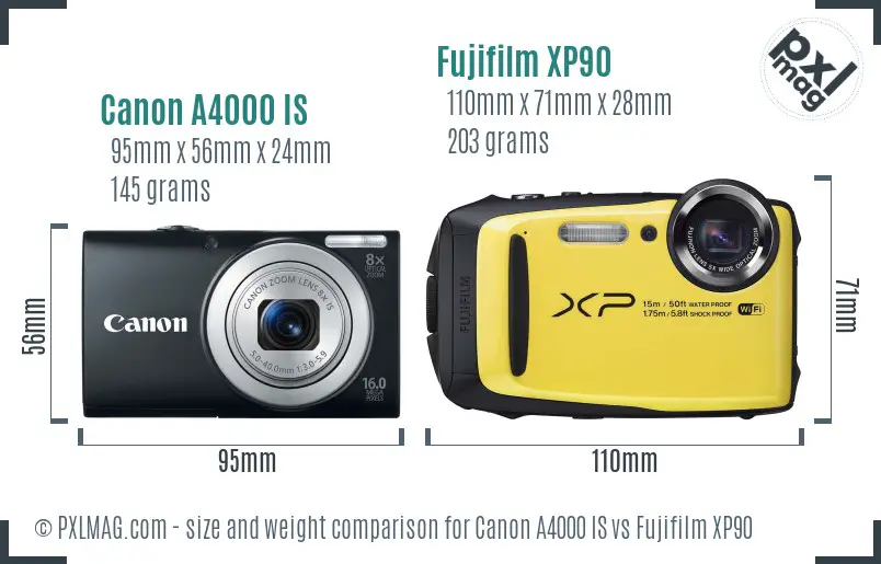 Canon A4000 IS vs Fujifilm XP90 size comparison Canon A4000 IS vs Fujifilm XP90 size comparison