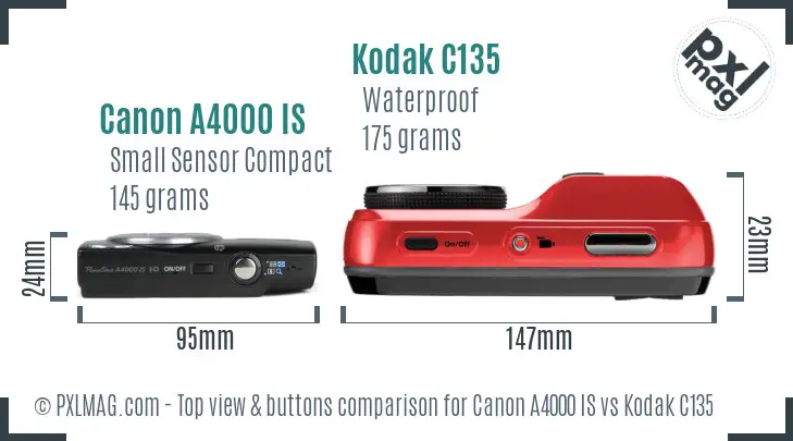 Canon A4000 IS vs Kodak C135 top view buttons comparison