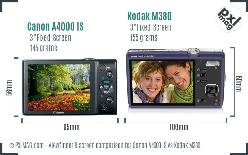 Canon A4000 IS vs Kodak M380 Screen and Viewfinder comparison