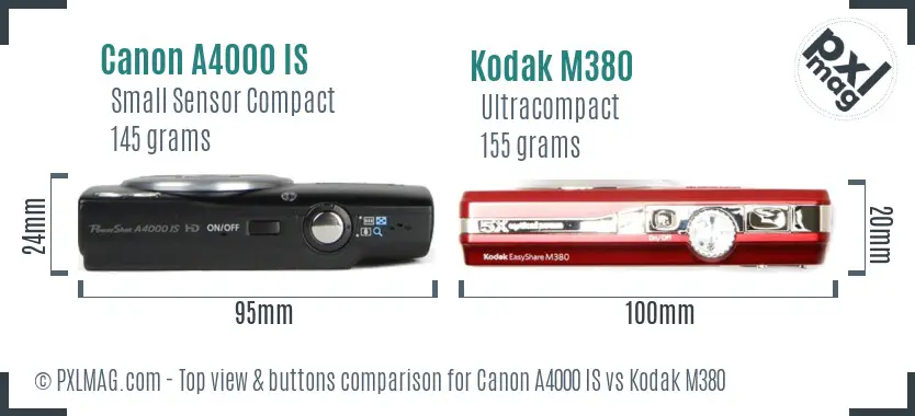 Canon A4000 IS vs Kodak M380 top view buttons comparison