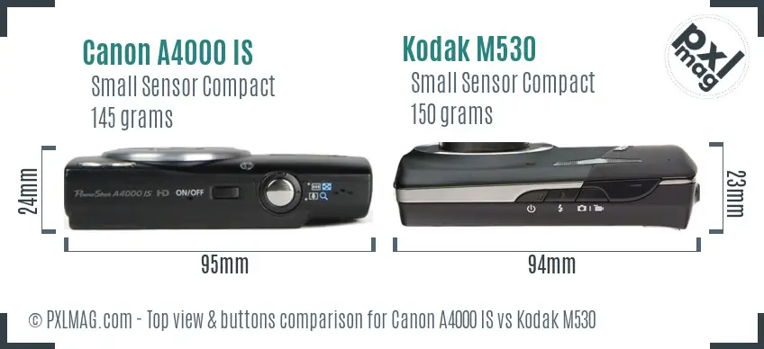 Canon A4000 IS vs Kodak M530 top view buttons comparison