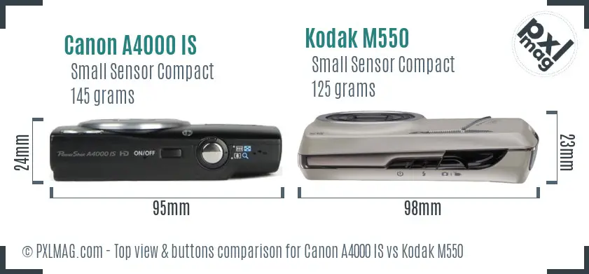 Canon A4000 IS vs Kodak M550 top view buttons comparison