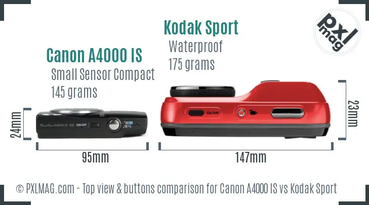 Canon A4000 IS vs Kodak Sport top view buttons comparison