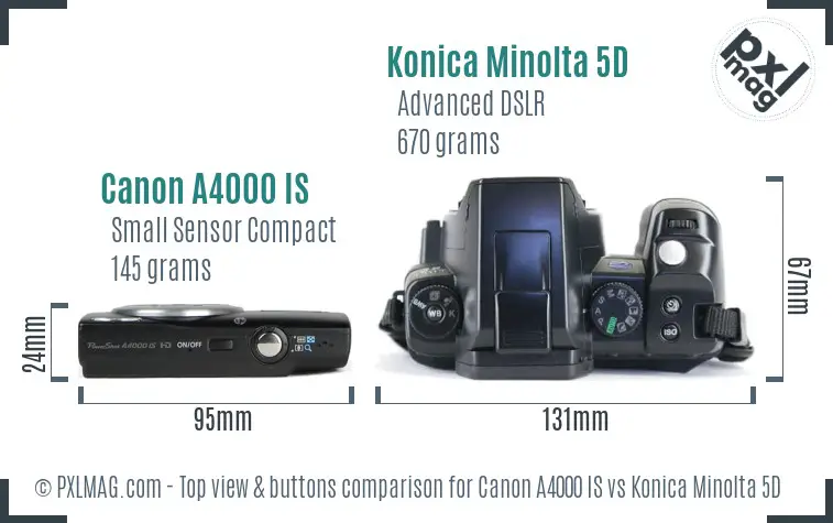 Canon A4000 IS vs Konica Minolta 5D top view buttons comparison
