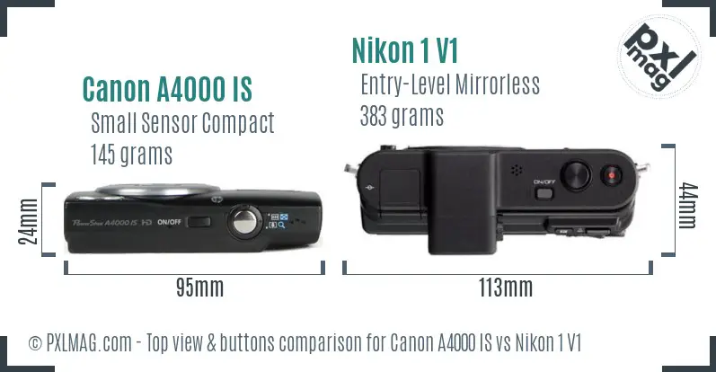 Canon A4000 IS vs Nikon 1 V1 top view buttons comparison