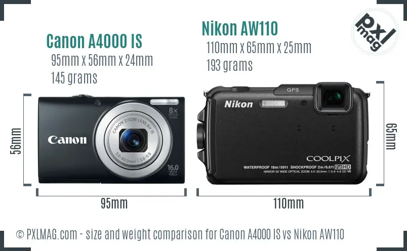 Canon A4000 IS vs Nikon AW110 size comparison
