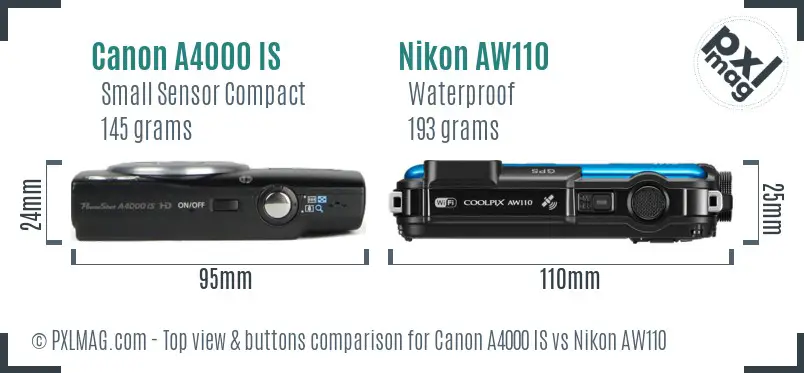 Canon A4000 IS vs Nikon AW110 top view buttons comparison