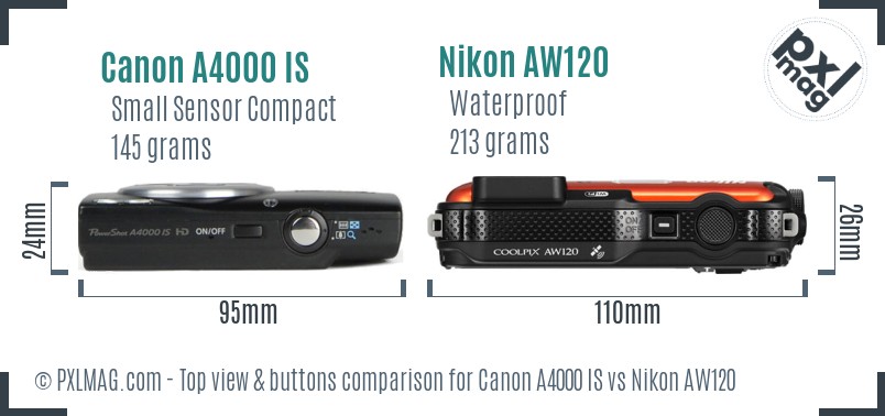Canon A4000 IS vs Nikon AW120 top view buttons comparison