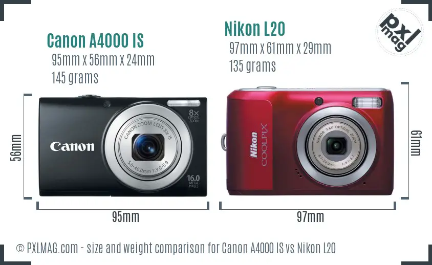 Canon A4000 IS vs Nikon L20 size comparison