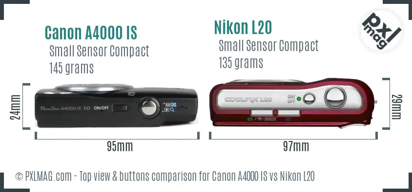 Canon A4000 IS vs Nikon L20 top view buttons comparison