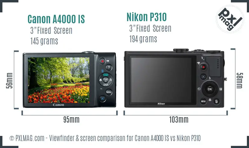 Canon A4000 IS vs Nikon P310 Screen and Viewfinder comparison