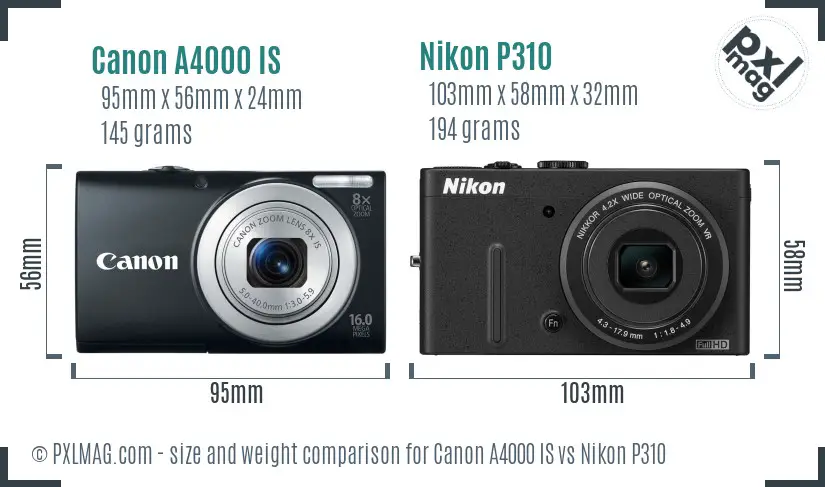 Canon A4000 IS vs Nikon P310 size comparison