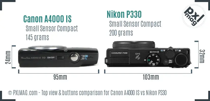 Canon A4000 IS vs Nikon P330 top view buttons comparison Canon A4000 IS vs Nikon P330 top view buttons comparison