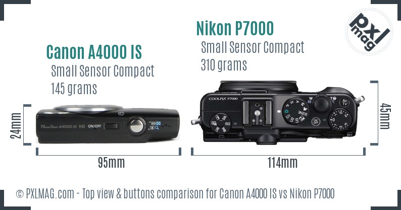 Canon A4000 IS vs Nikon P7000 top view buttons comparison