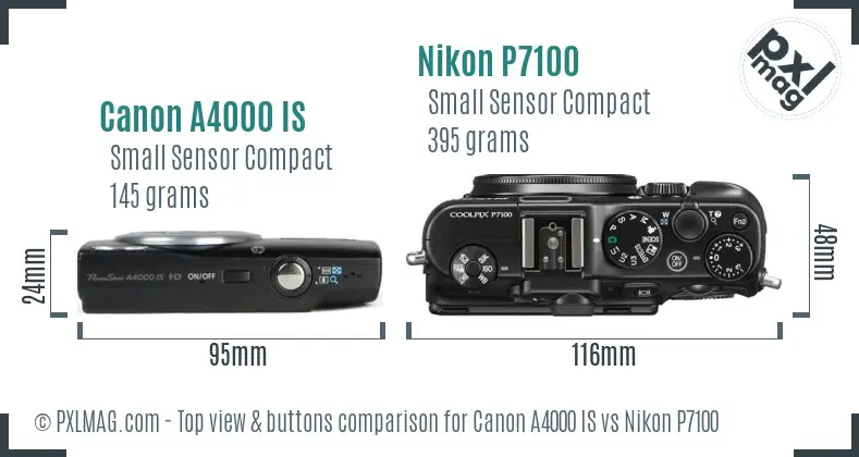 Canon A4000 IS vs Nikon P7100 top view buttons comparison