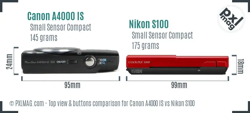 Canon A4000 IS vs Nikon S100 top view buttons comparison