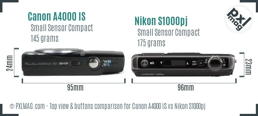 Canon A4000 IS vs Nikon S1000pj top view buttons comparison Canon A4000 IS vs Nikon S1000pj top view buttons comparison
