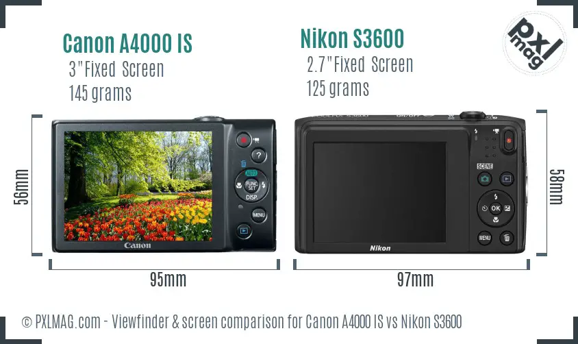 Canon A4000 IS vs Nikon S3600 Screen and Viewfinder comparison