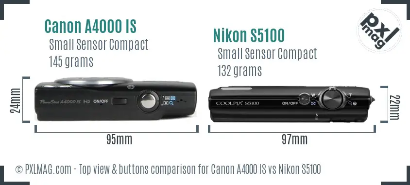 Canon A4000 IS vs Nikon S5100 top view buttons comparison Canon A4000 IS vs Nikon S5100 top view buttons comparison
