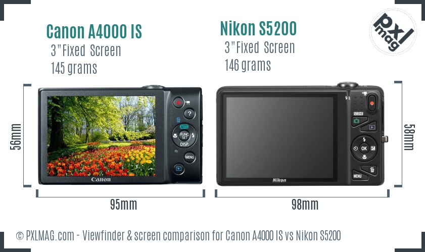 Canon A4000 IS vs Nikon S5200 Screen and Viewfinder comparison