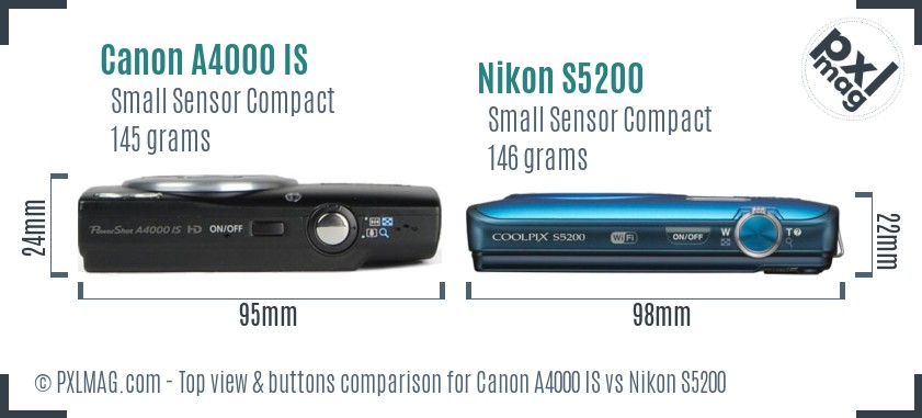 Canon A4000 IS vs Nikon S5200 top view buttons comparison