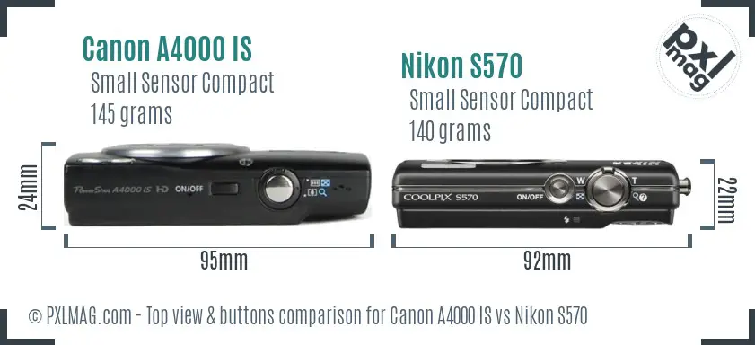 Canon A4000 IS vs Nikon S570 top view buttons comparison Canon A4000 IS vs Nikon S570 top view buttons comparison