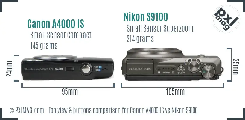Canon A4000 IS vs Nikon S9100 top view buttons comparison