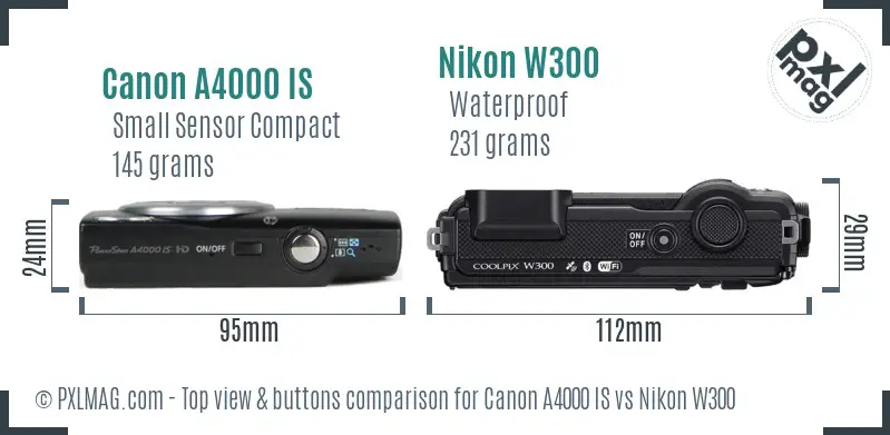 Canon A4000 IS vs Nikon W300 top view buttons comparison