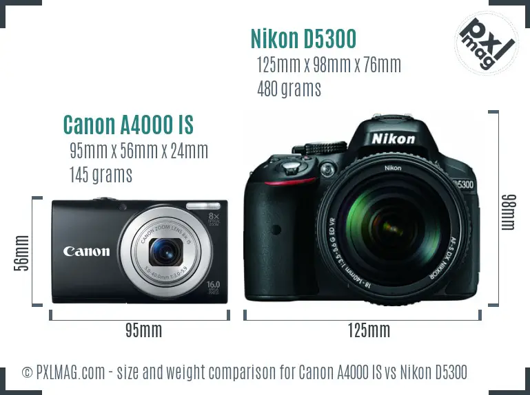 Canon A4000 IS vs Nikon D5300 size comparison