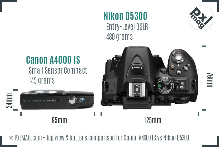 Canon A4000 IS vs Nikon D5300 top view buttons comparison
