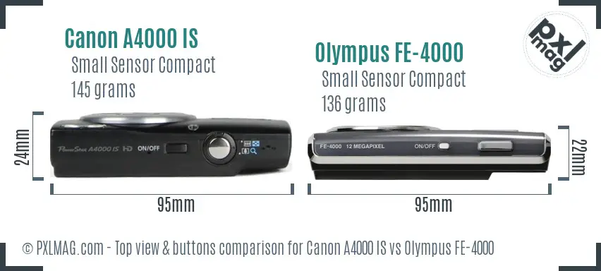 Canon A4000 IS vs Olympus FE-4000 top view buttons comparison