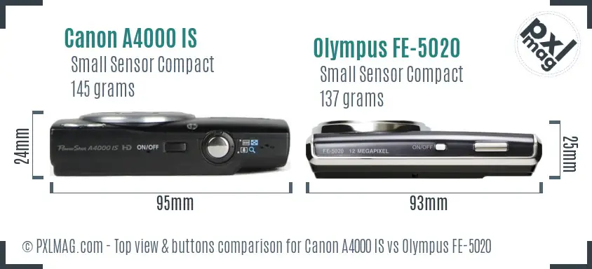 Canon A4000 IS vs Olympus FE-5020 top view buttons comparison
