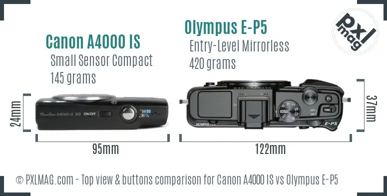 Canon A4000 IS vs Olympus E-P5 top view buttons comparison
