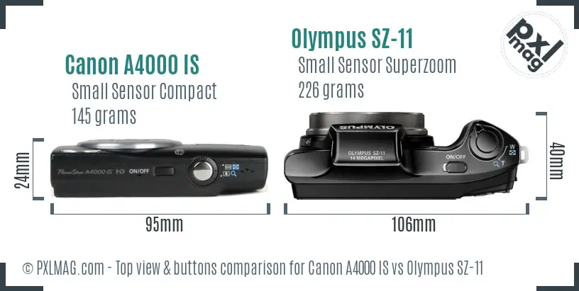 Canon A4000 IS vs Olympus SZ-11 top view buttons comparison Canon A4000 IS vs Olympus SZ-11 top view buttons comparison