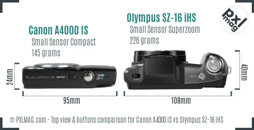 Canon A4000 IS vs Olympus SZ-16 iHS top view buttons comparison Canon A4000 IS vs Olympus SZ-16 iHS top view buttons comparison