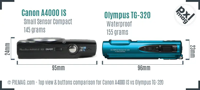 Canon A4000 IS vs Olympus TG-320 top view buttons comparison Canon A4000 IS vs Olympus TG-320 top view buttons comparison