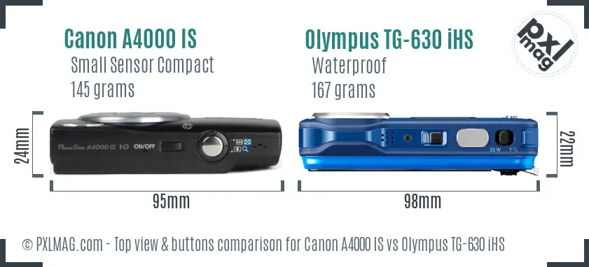 Canon A4000 IS vs Olympus TG-630 iHS top view buttons comparison Canon A4000 IS vs Olympus TG-630 iHS top view buttons comparison