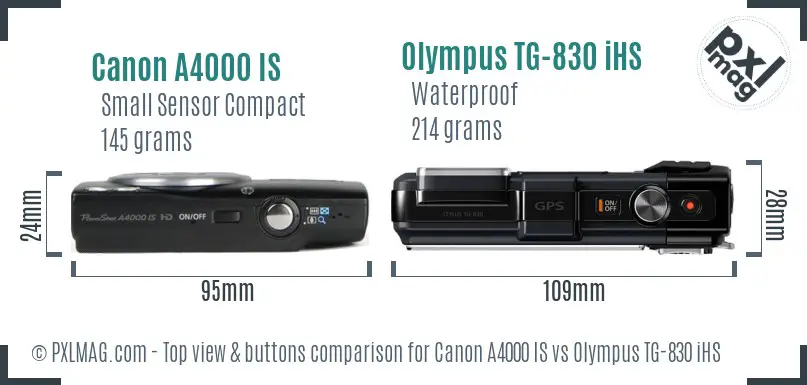 Canon A4000 IS vs Olympus TG-830 iHS top view buttons comparison Canon A4000 IS vs Olympus TG-830 iHS top view buttons comparison