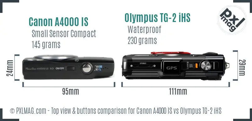 Canon A4000 IS vs Olympus TG-2 iHS top view buttons comparison Canon A4000 IS vs Olympus TG-2 iHS top view buttons comparison