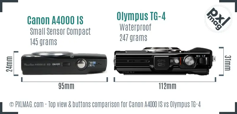 Canon A4000 IS vs Olympus TG-4 top view buttons comparison Canon A4000 IS vs Olympus TG-4 top view buttons comparison