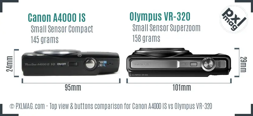 Canon A4000 IS vs Olympus VR-320 top view buttons comparison Canon A4000 IS vs Olympus VR-320 top view buttons comparison